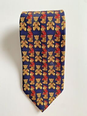 John Comfort Navy Teddy Bear Novelty Print 100% Silk Necktie Made in England